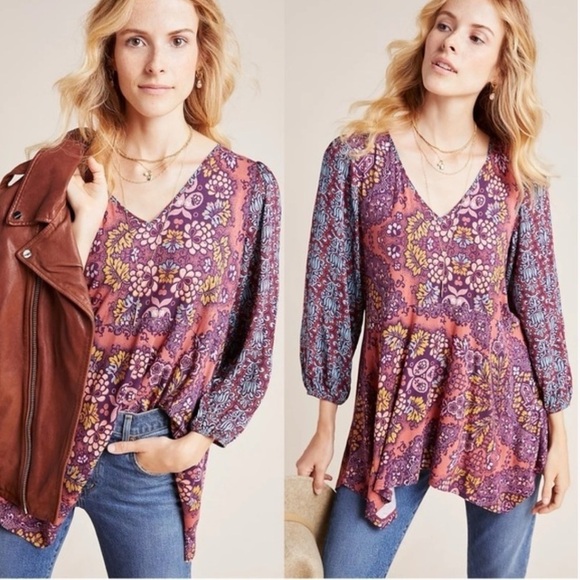 ANTHROPOLOGIE Maeve Purple Boho Mariela Mixed Pattern Flowy Tunic Top - Picture 1 of 9